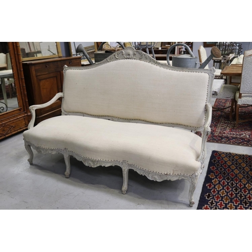 190 - Antique French Louis XV style settee with linen upholstery, approx 118cm H x 186cm W x 83cm D