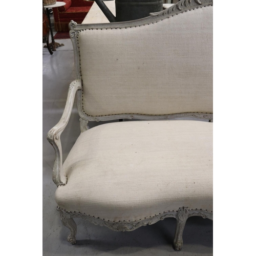 190 - Antique French Louis XV style settee with linen upholstery, approx 118cm H x 186cm W x 83cm D