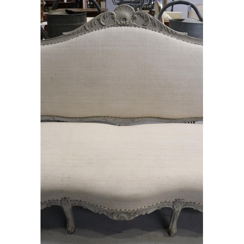 190 - Antique French Louis XV style settee with linen upholstery, approx 118cm H x 186cm W x 83cm D