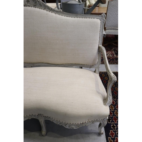 190 - Antique French Louis XV style settee with linen upholstery, approx 118cm H x 186cm W x 83cm D