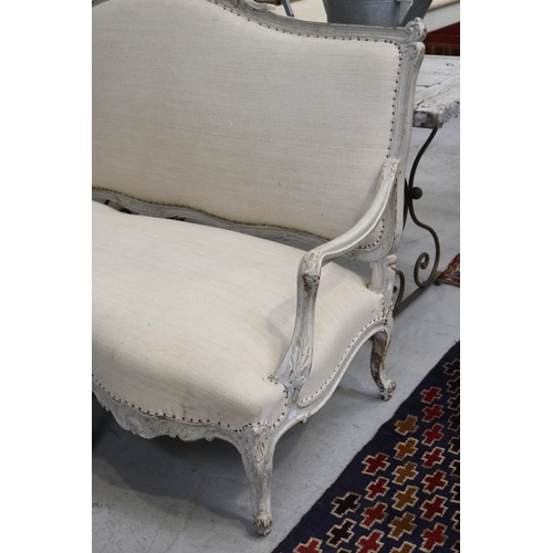 190 - Antique French Louis XV style settee with linen upholstery, approx 118cm H x 186cm W x 83cm D