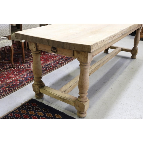 191 - Antique French stripped solid oak dining table, standing on stretcher base, single drawer, approx 76... 