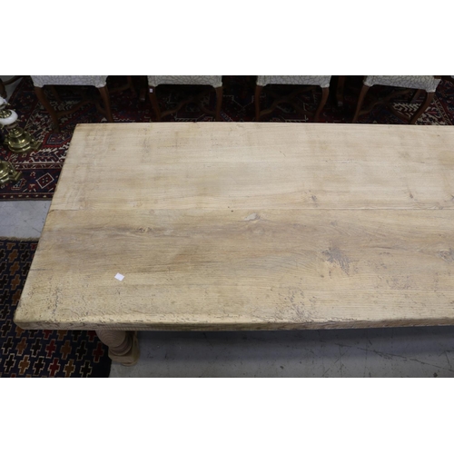 191 - Antique French stripped solid oak dining table, standing on stretcher base, single drawer, approx 76... 