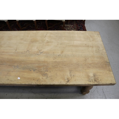 191 - Antique French stripped solid oak dining table, standing on stretcher base, single drawer, approx 76... 