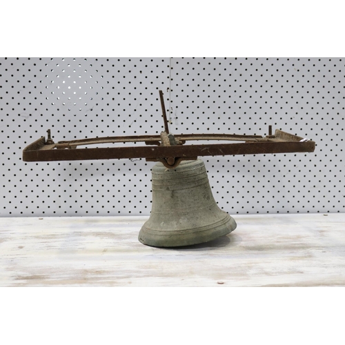 193 - Antique French bronze bell in cast iron frame, bell approx 21cm H x 19cm dia