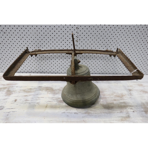 193 - Antique French bronze bell in cast iron frame, bell approx 21cm H x 19cm dia