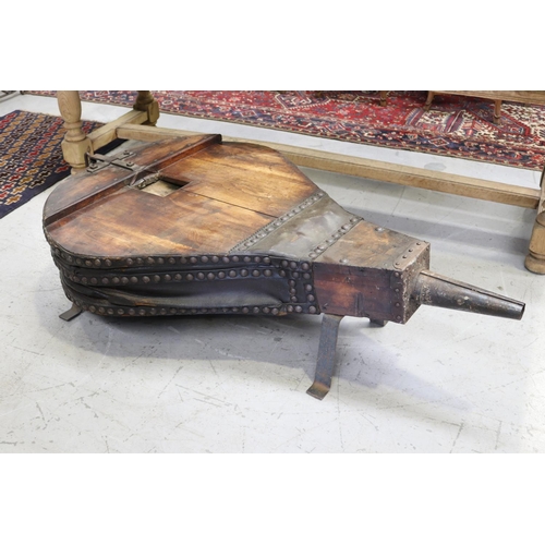 194 - Large antique French solid iron blacksmiths forge bellows, approx 39cm H x 144cm L x 84cm W Heavy