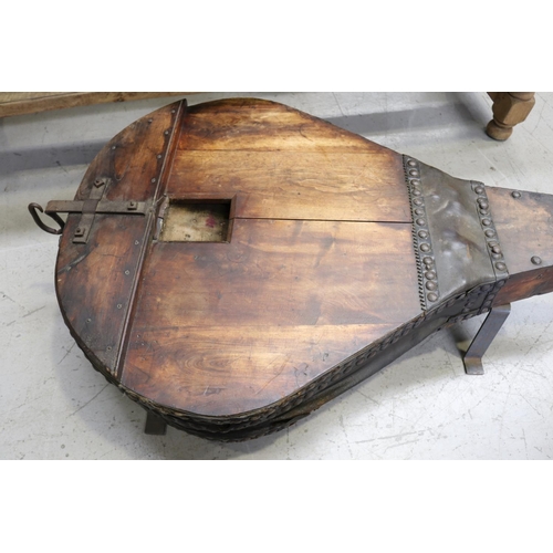 194 - Large antique French solid iron blacksmiths forge bellows, approx 39cm H x 144cm L x 84cm W Heavy