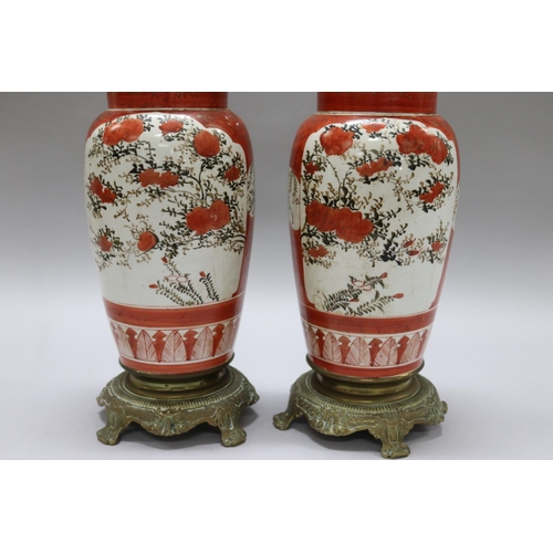 200 - Pair of antique Japanese kutani porcelain vases converted to French table oil lamps, with bronze mou... 