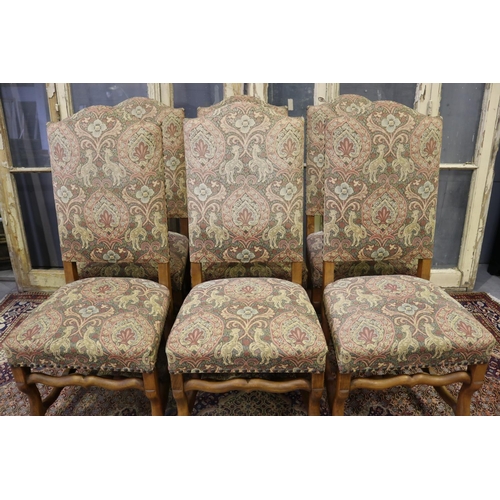 204 - Set of six French high back dining chairs, studded Renaissance style upholstery, mutton bone frames,... 