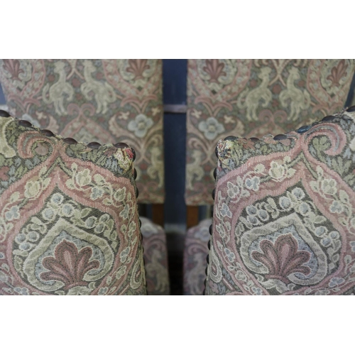 204 - Set of six French high back dining chairs, studded Renaissance style upholstery, mutton bone frames,... 