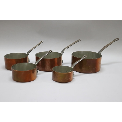 221 - Set of French copper & wrought iron handled saucepans, approx 20cm dia (excluding handle) & smaller ... 