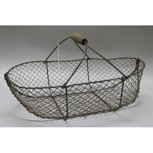 224 - Antique French wire work pickers basket, basket, approx 28cm H x 53cm W x 33cm D