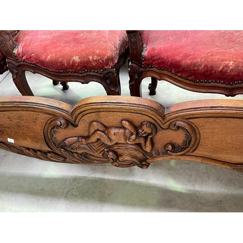 1119 - Antique French carved walnut Louis XV style bed, approx 165cm H x 213cm L x 148cm W