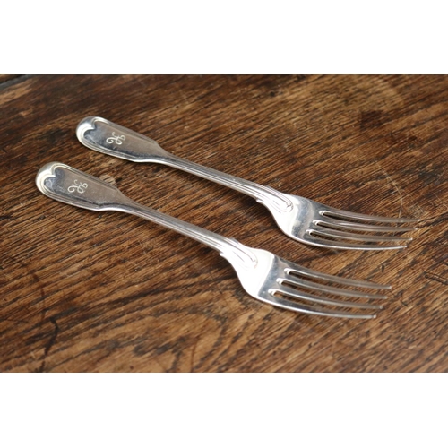 1337 - Two antique sterling silver dessert forks, fiddle and thread pattern marked for London 1839, by W T ... 