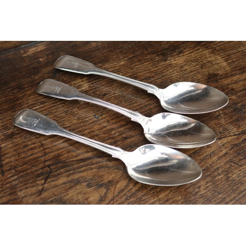 1338 - Three antique sterling silver dessert spoons, fiddle and thread pattern, marked for Exeter 1838, by ... 