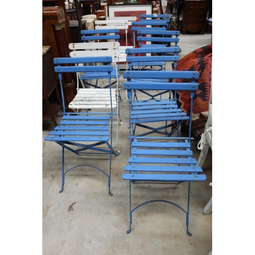 1096 - Ten old French blue (seven) and white (three) painted folding patio or garden chairs (10)