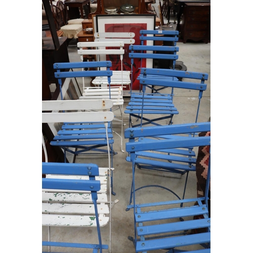 1096 - Ten old French blue (seven) and white (three) painted folding patio or garden chairs (10)