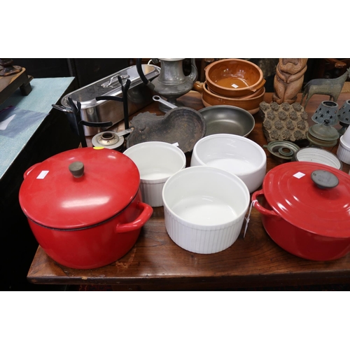 505 - Selection of cookware, to include French Le creuset red enamel iron casserole dish, antique coffee p... 