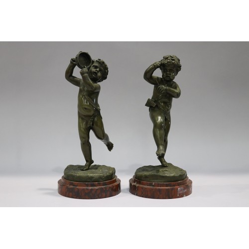 245 - Pair of antique French 19th Century, after Claude Michel Clodion signed bronze figures of semi clad ... 
