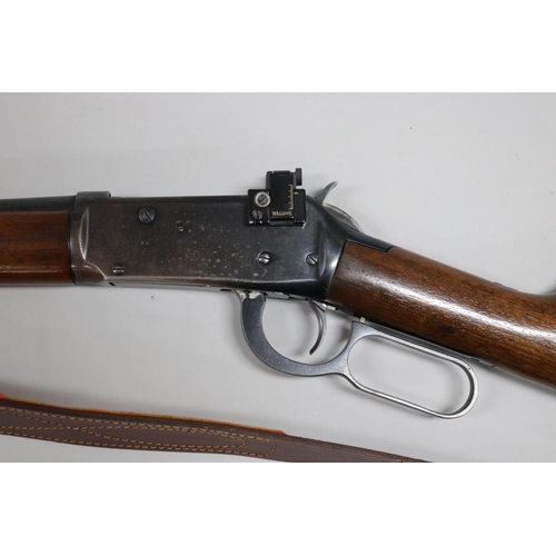 25 - Winchester Model 94 lever action repeating rifle in 30-30 calibre. Full length magazine, approx 49cm... 