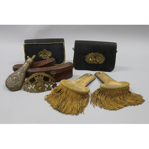 3 - Good selection of antique French military items to include two early 19th century leather shot pouch... 