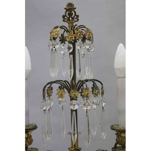 1048 - Fine large antique 19th century French Empire twin candlestick, with central tiered drop lustres, ov... 