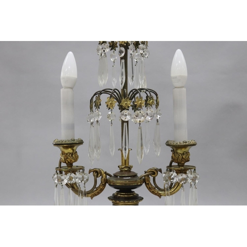 1048 - Fine large antique 19th century French Empire twin candlestick, with central tiered drop lustres, ov... 