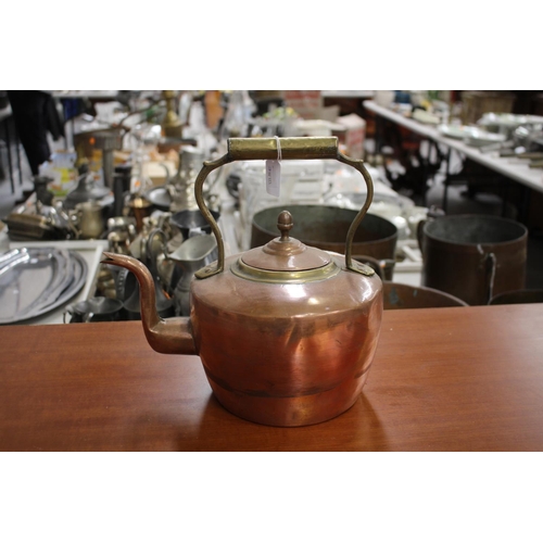 24 - Antique French copper and brass teapot / kettle, approx 30cm H