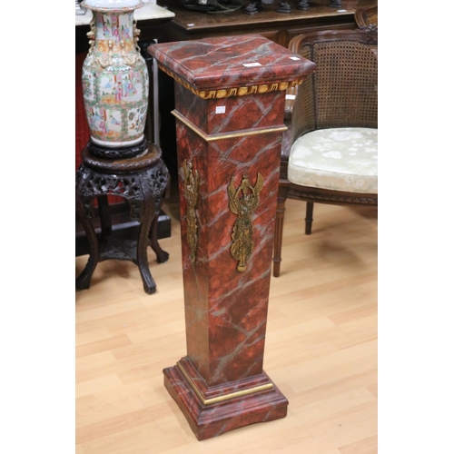 124 - Painted faux marble square tapering pedestal, gilt painted highlights, approx 102cm H