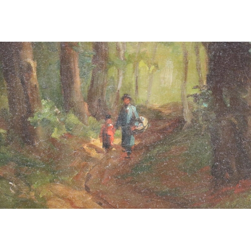 176 - Antique 19th century European School, figures on a forest path, oil on canvas, well framed, approx 4... 