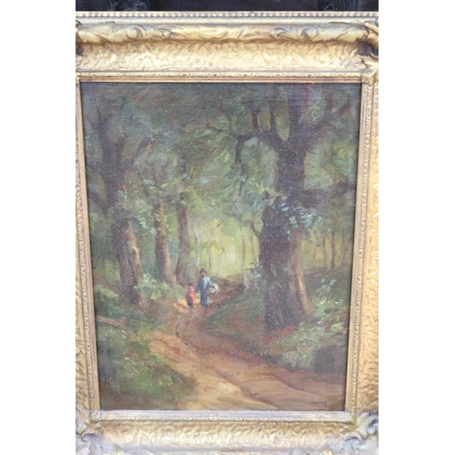 176 - Antique 19th century European School, figures on a forest path, oil on canvas, well framed, approx 4... 