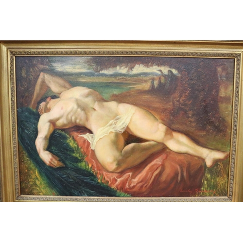 178 - Wesley Penberthy (1920) untitled, reclining nude male,  oil on board, signed lower right, approx 60c... 