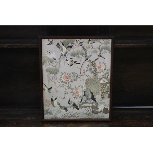 201 - Antique 19th century Asian silkwork panel, peacocks to ground, peony, pheasants and cranes, and othe... 