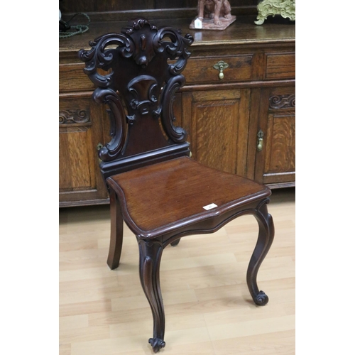 41 - Antique well carved back hall chair carved shaped cabriole front legs