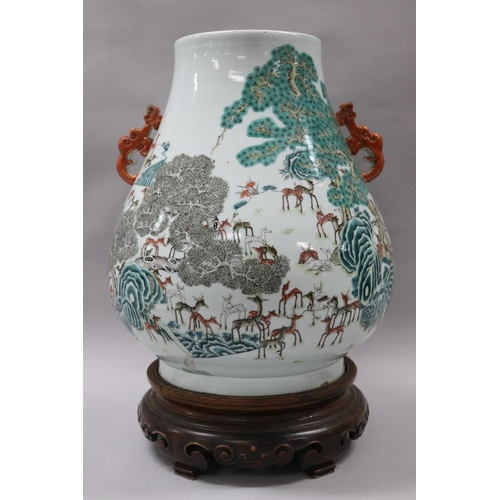 1 - Large antique 19th century Chinese famille rose hu shape porcelain vase of "hundred deer" motif, dec...