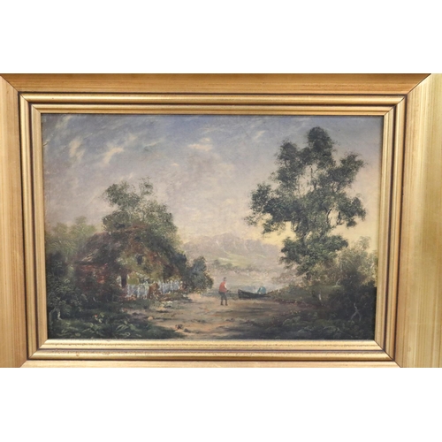 100 - Unknown, figures with boat, lake landscape, oil on canvas, approx 20cm x 29cm