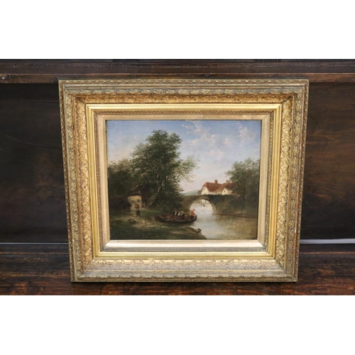 101 - Antique European school, oil on canvas, relined, figures fishing boat with bridge, approx 24cm x 29c... 
