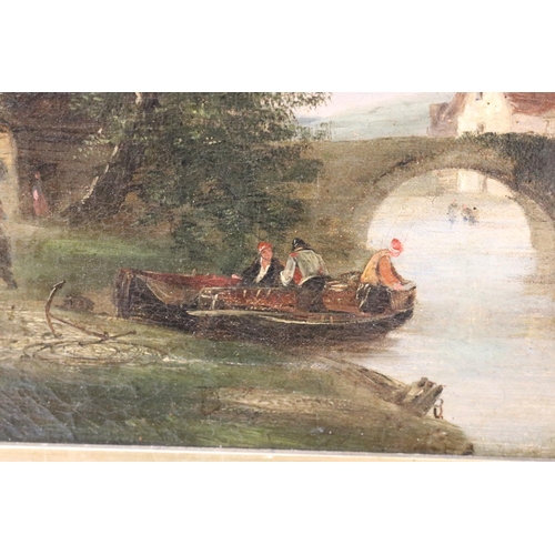 101 - Antique European school, oil on canvas, relined, figures fishing boat with bridge, approx 24cm x 29c... 