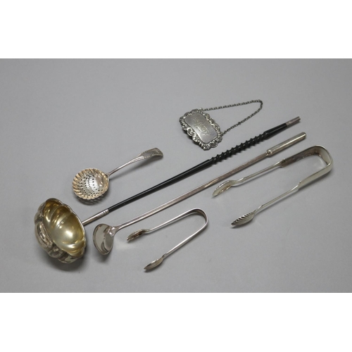 158 - Selection of antique and later sterling silver items, Danish sterling long ladel, antique toddy lade... 
