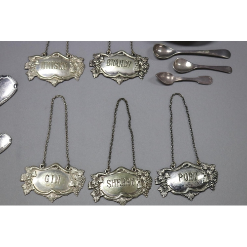 159 - Good selection to include three French sterling spoons, five decanter labels, pickle fork, Danish st... 