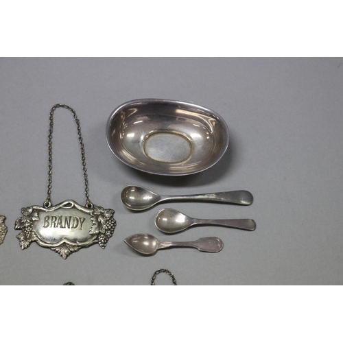 159 - Good selection to include three French sterling spoons, five decanter labels, pickle fork, Danish st... 