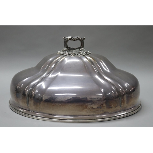 162 - Fine large antique silver plate stepped domed and fluted meat cover with well cast leaf scrolling ha... 