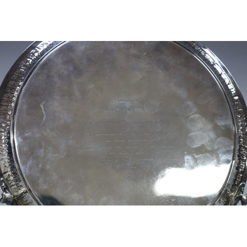 167 - Circular silver plated Victorian style footed salver, Presented to John Kearney by the Trustees of V... 