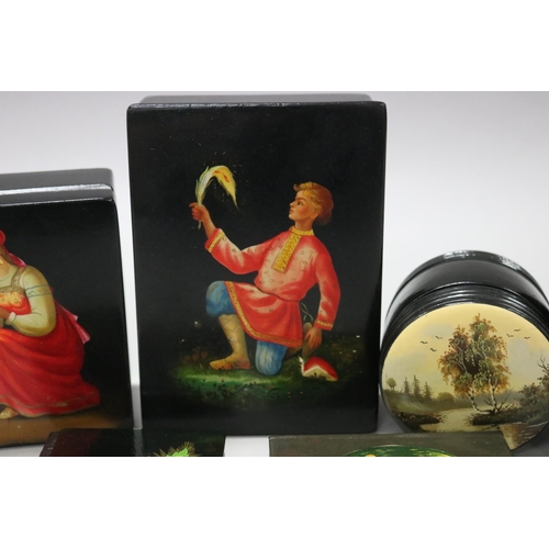 168 - Selection of Russian hand painted lacquer boxes - all signed along with a book etc, approx 17cm x 11... 
