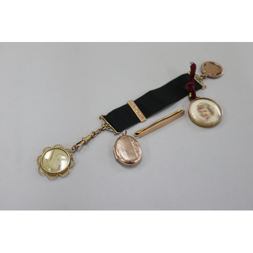 173 - Antique 14ct yellow gold bar brooch, antique 9ct gold locket, 9ct circular miniature locket, antique... 