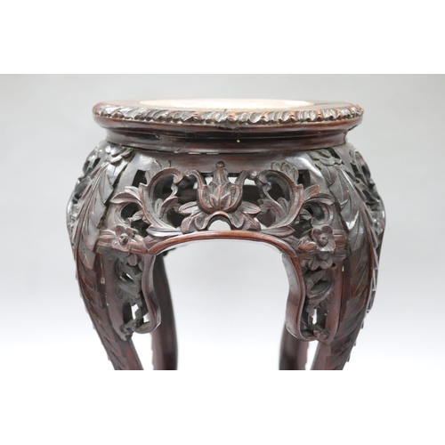 183 - Antique Chinese marble topped jardinière stand, pierced carved decoration, approx 48cm H x 28cm Dia