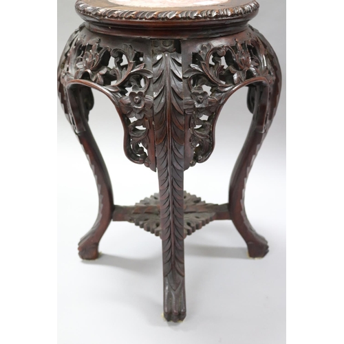 183 - Antique Chinese marble topped jardinière stand, pierced carved decoration, approx 48cm H x 28cm Dia