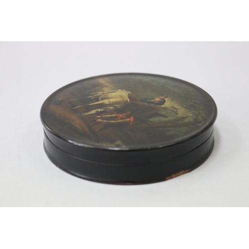 20 - Antique early 19th century circular handpainted box, approx 2cm H x 9cm Dia