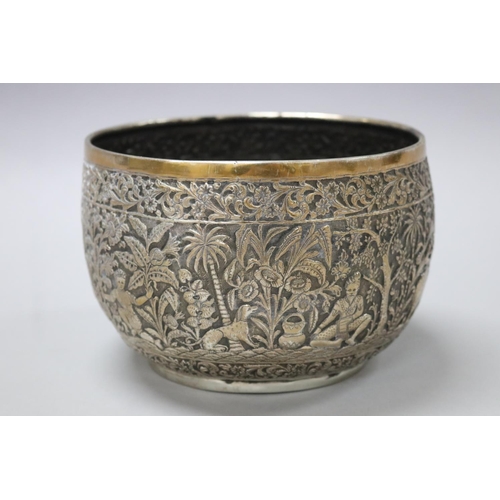 200 - Antique South East Asian silver, bowl, repousse, decoration in relief of elephants, dancing figures,... 